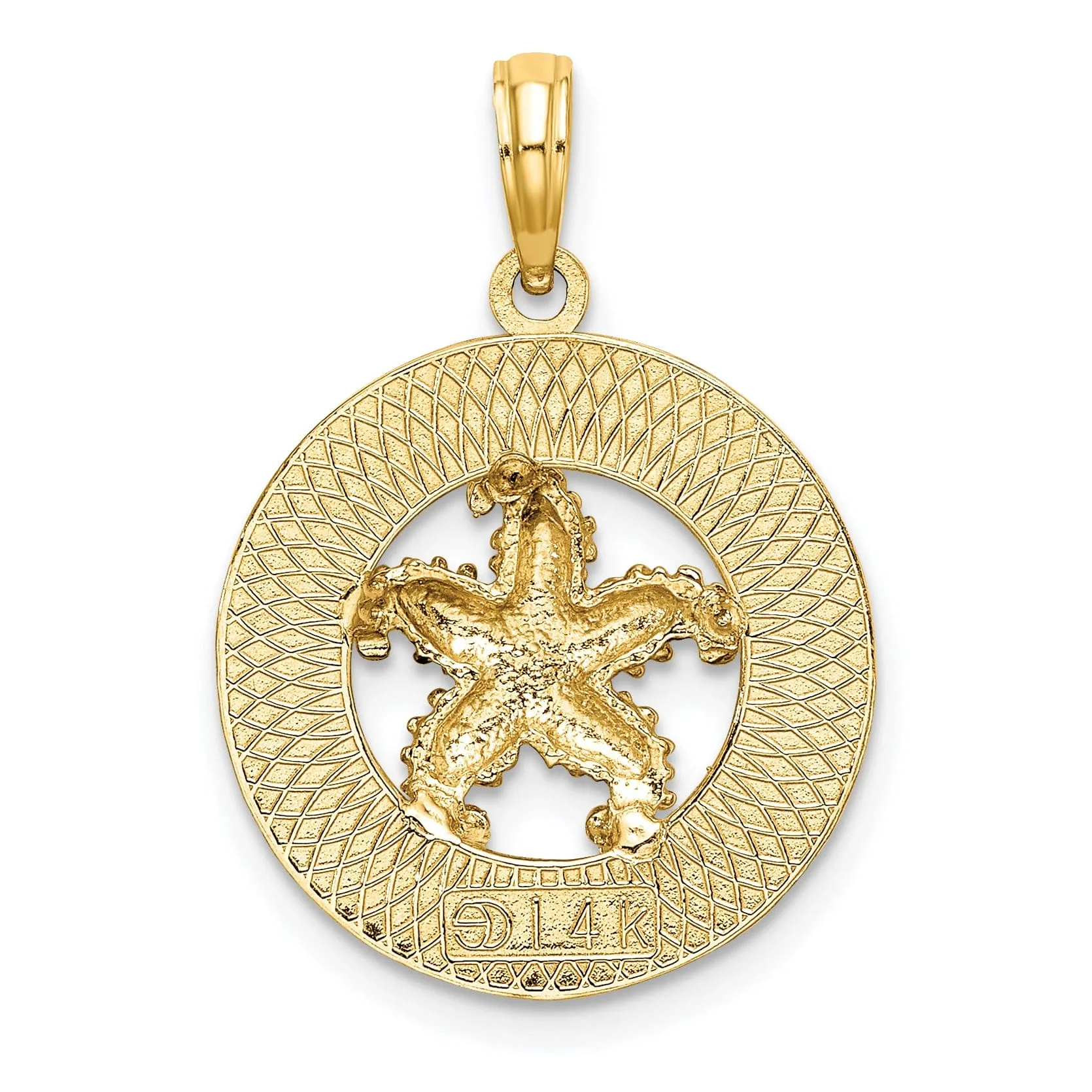 14K Yellow Gold Polished Textured Finish CAPE CODE Starfish in Circle Design Charm Pendant