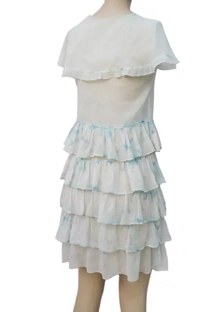 1920s Vintage Girl's Tiered Ruffle Ra Ra White Cotton Dress | Capelet