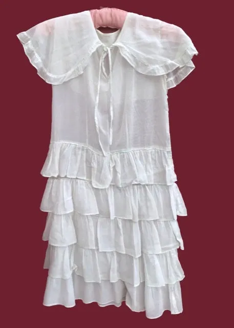 1920s Vintage Girl's Tiered Ruffle Ra Ra White Cotton Dress | Capelet