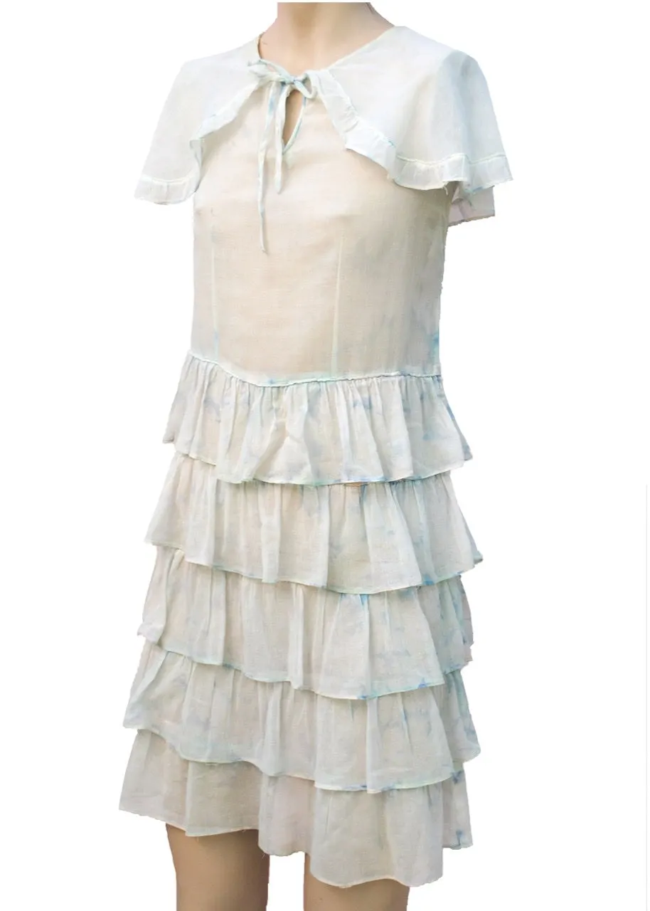 1920s Vintage Girl's Tiered Ruffle Ra Ra White Cotton Dress | Capelet