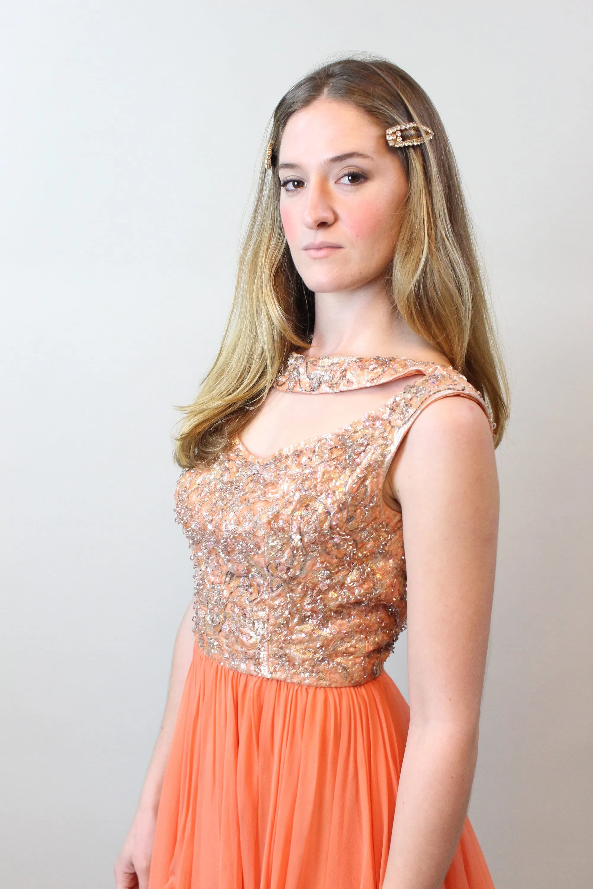 1960s CORAL GEM beaded silk chiffon dress xs | new spring summer