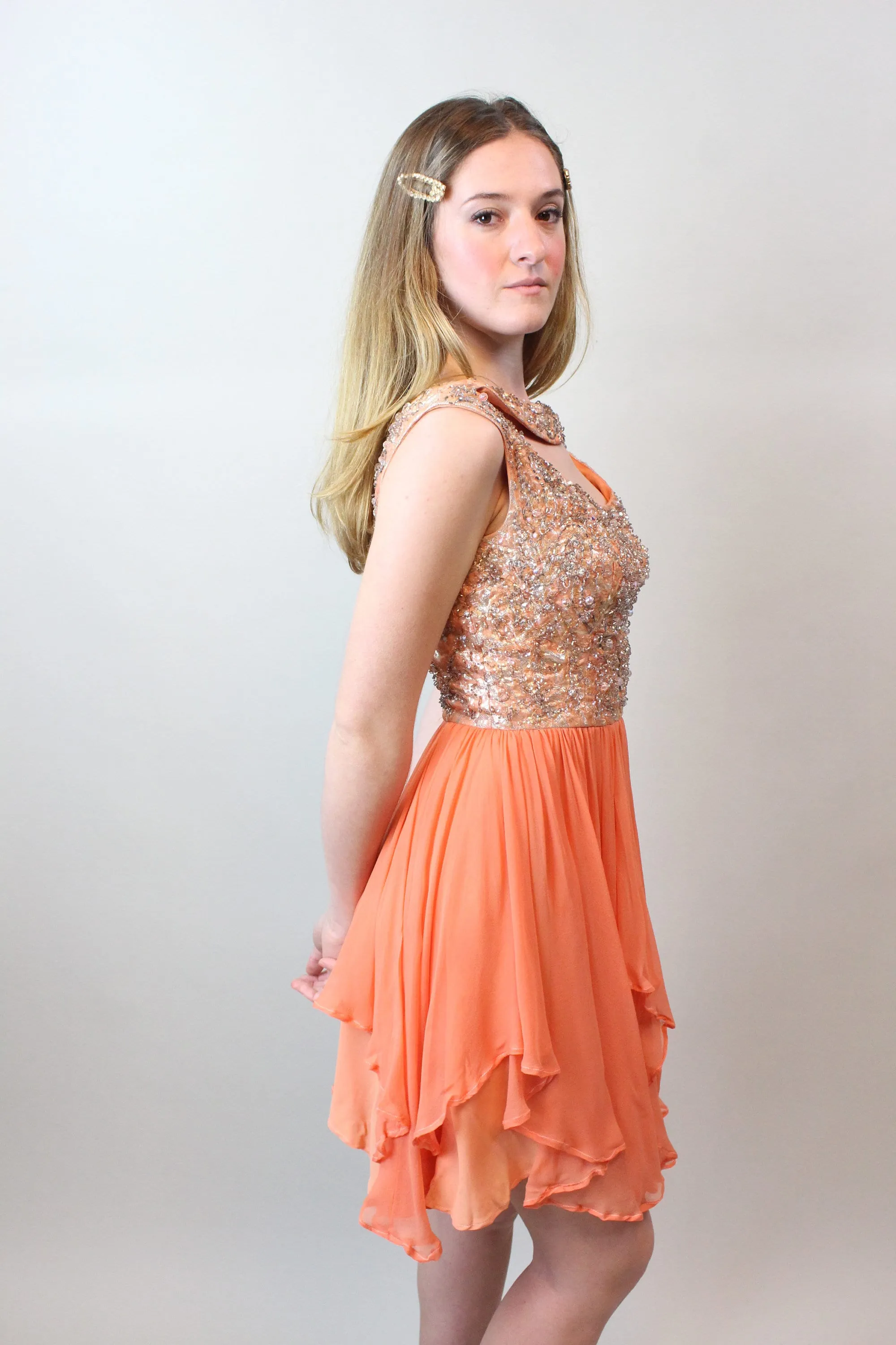 1960s CORAL GEM beaded silk chiffon dress xs | new spring summer