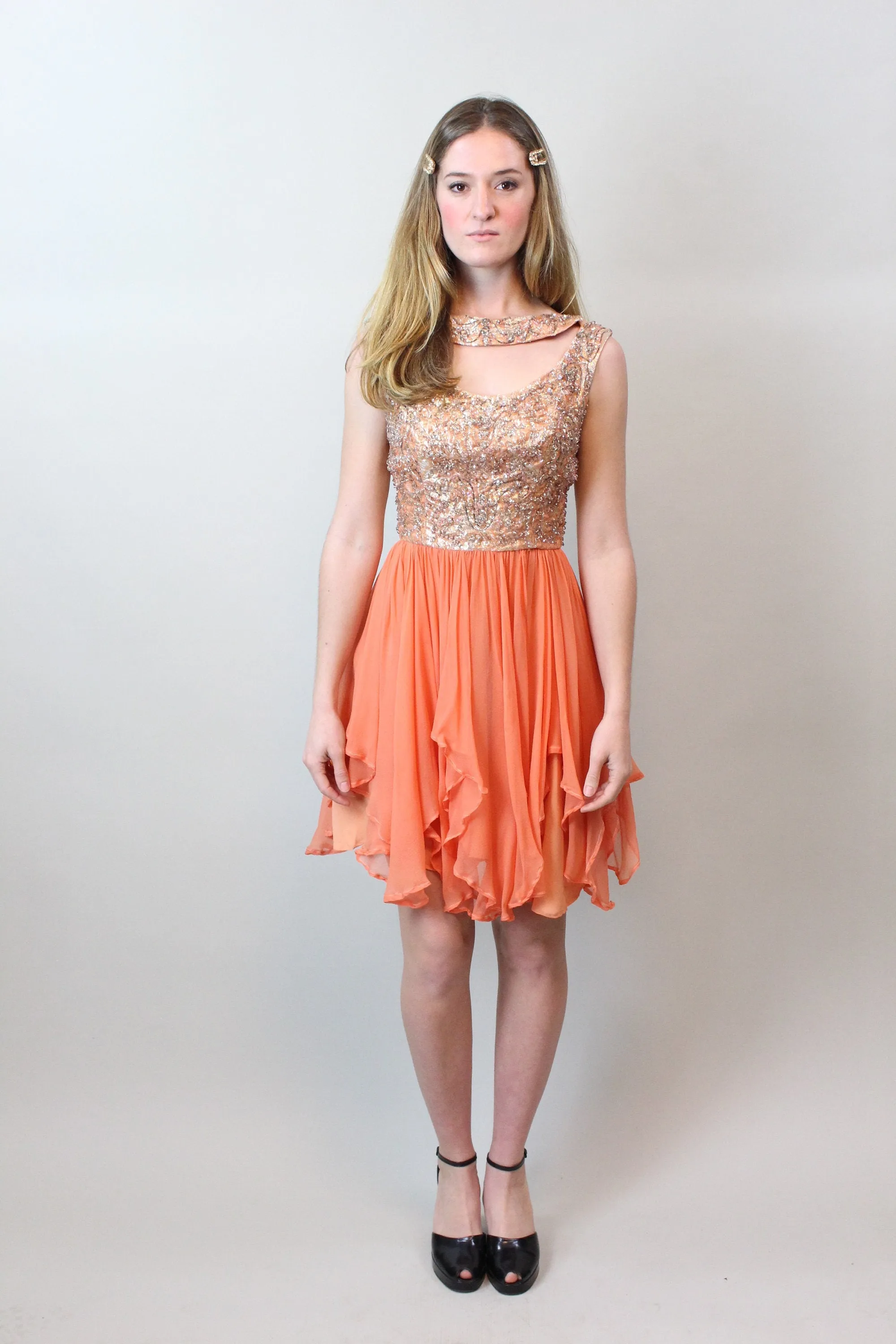 1960s CORAL GEM beaded silk chiffon dress xs | new spring summer