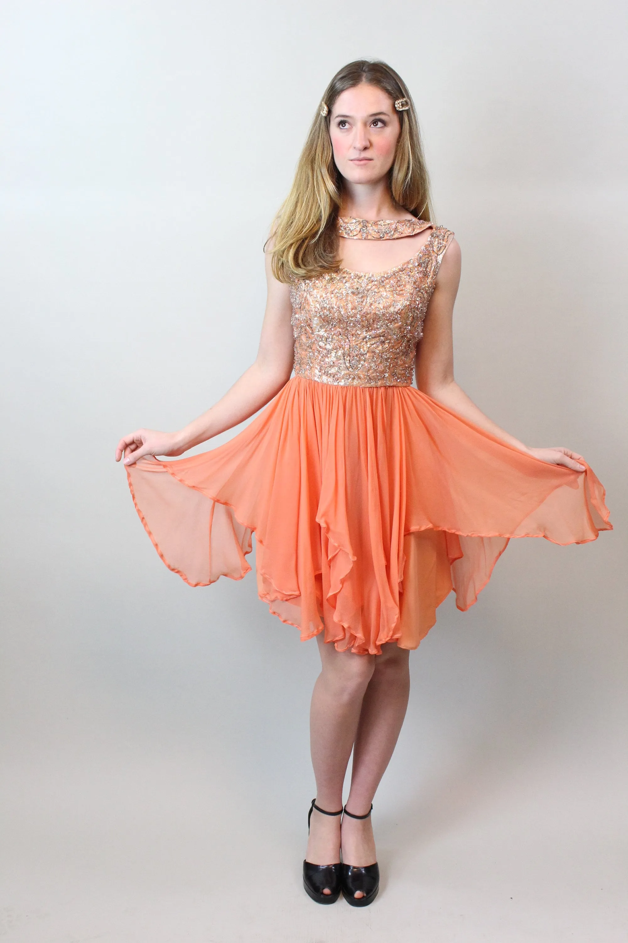 1960s CORAL GEM beaded silk chiffon dress xs | new spring summer