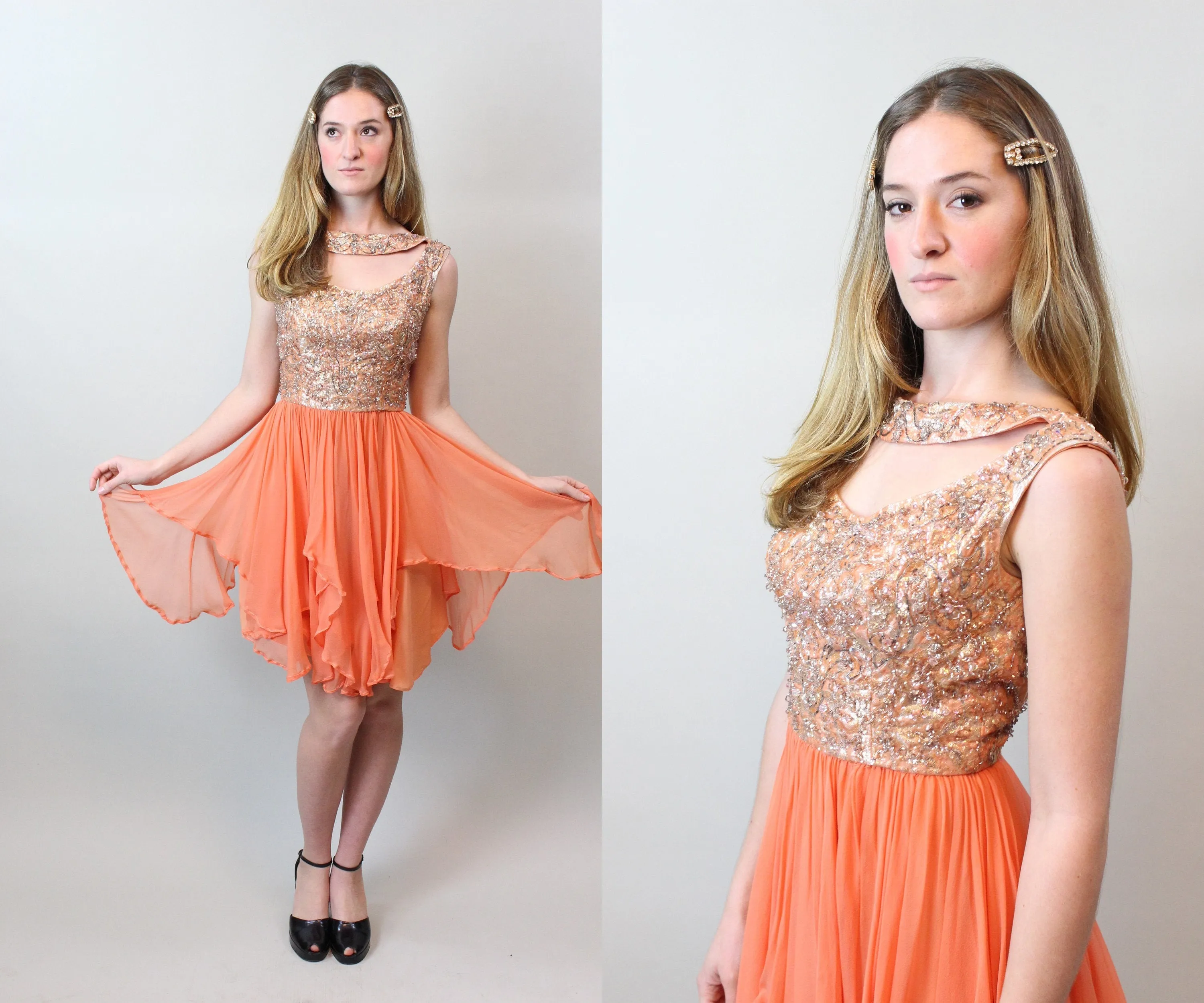 1960s CORAL GEM beaded silk chiffon dress xs | new spring summer