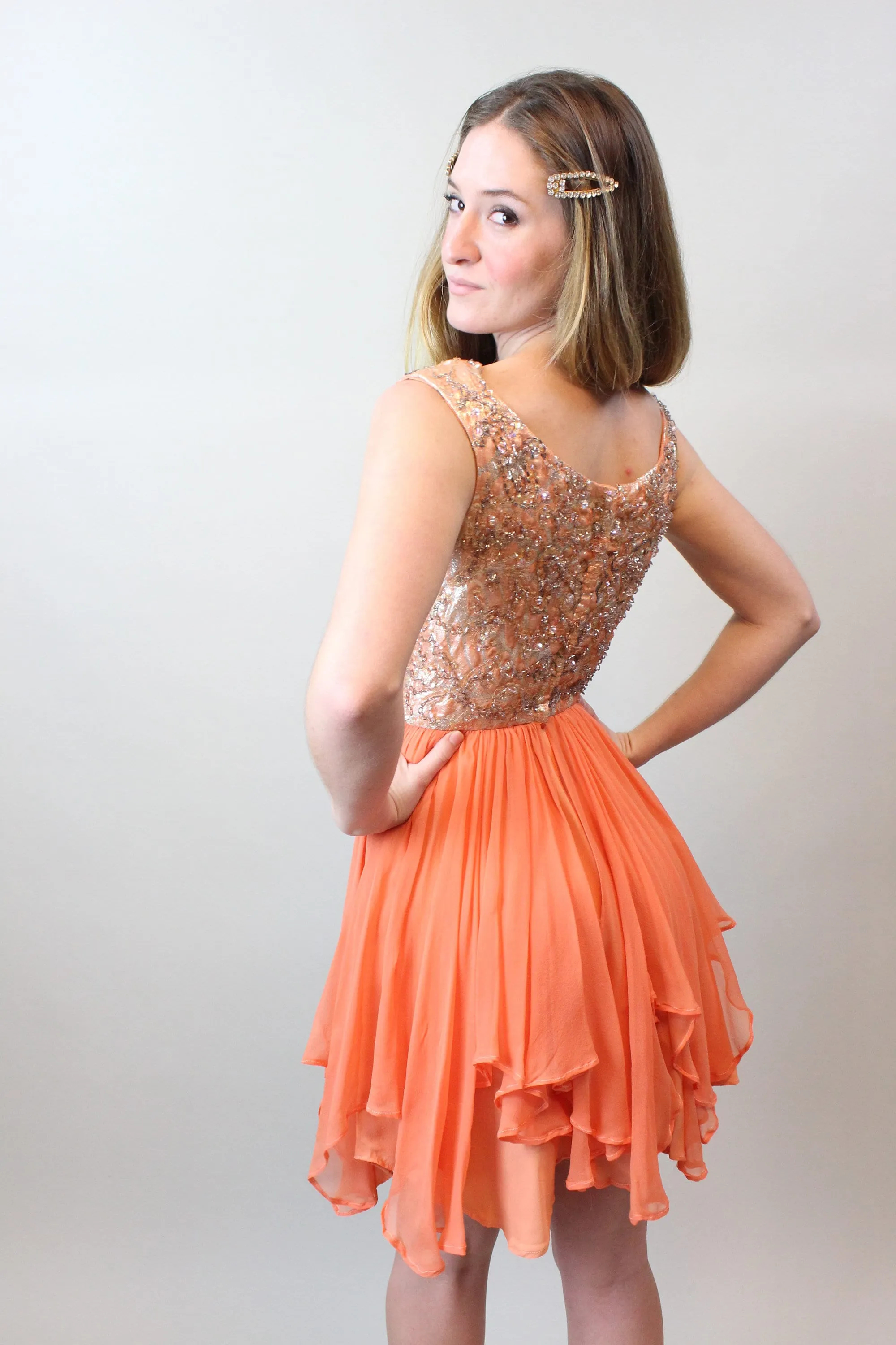 1960s CORAL GEM beaded silk chiffon dress xs | new spring summer