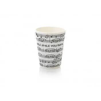 350ml Ripple Paper Coffee Cup Music Print Black-White Print with White Sip Lid 10pack