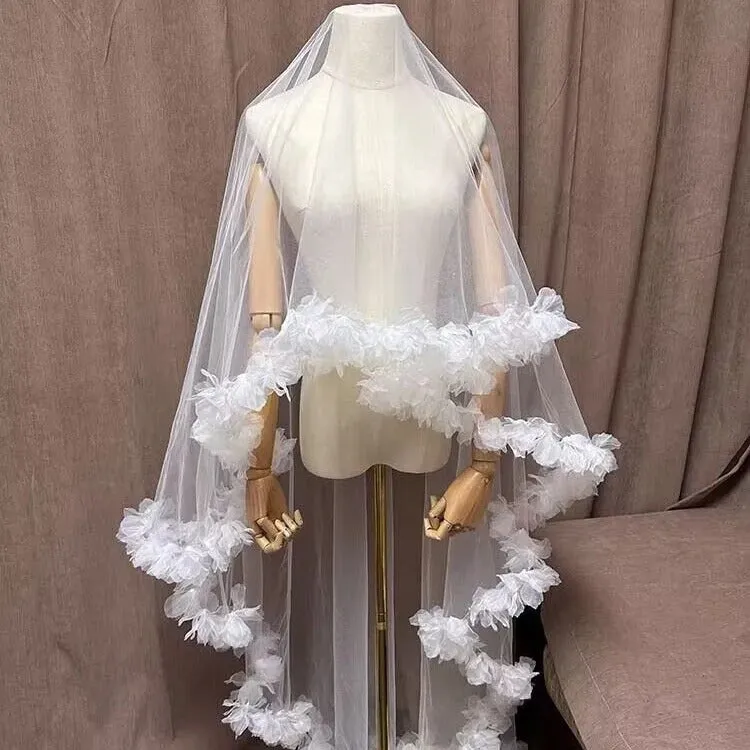 3D Flower Bridal Tulle Cape for Photoshoot,Womens Wedding Cape Veil