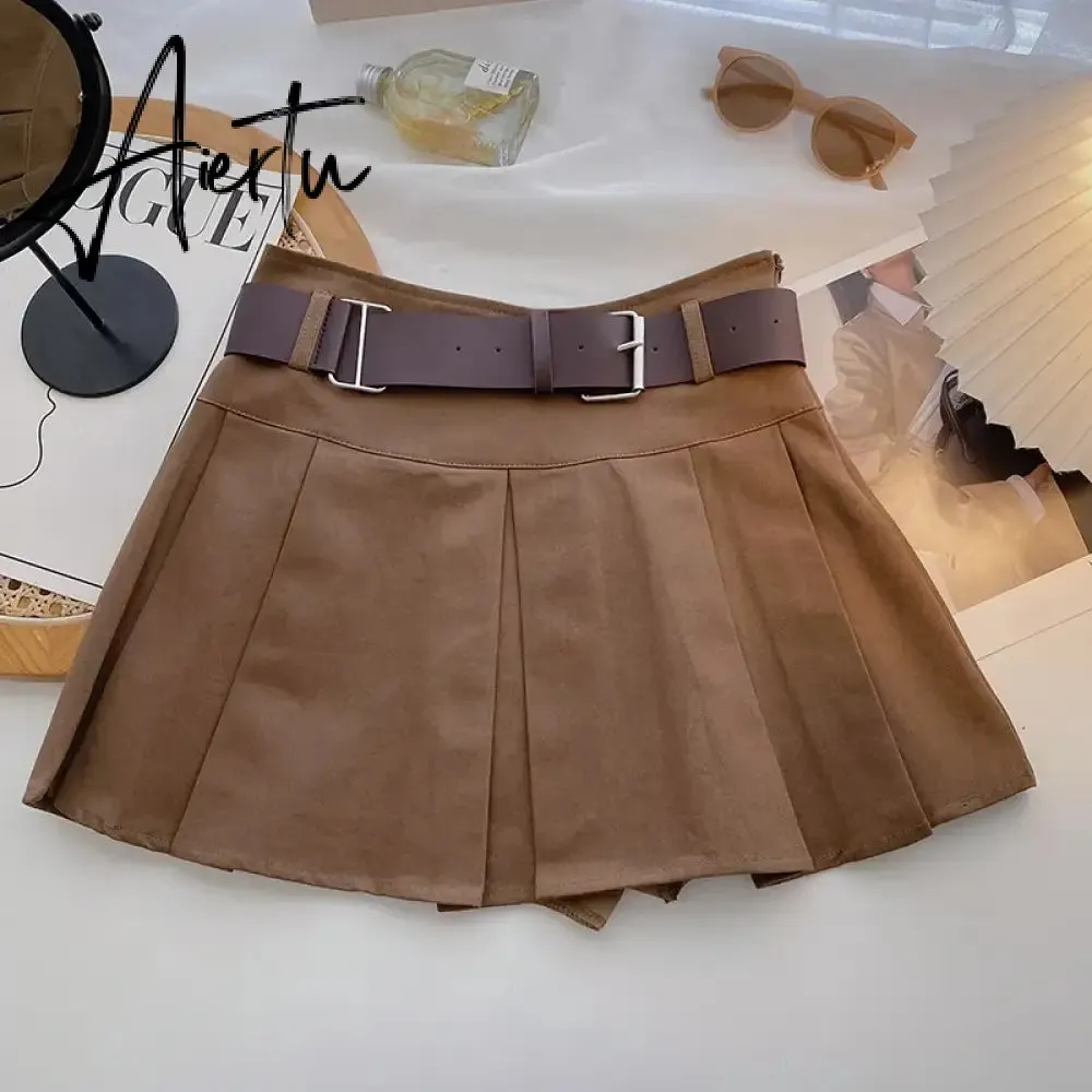 A-line Skirts with Belt Women y2k High Waist Short Skirt Buttons Skirt Female Clothing Female All-match