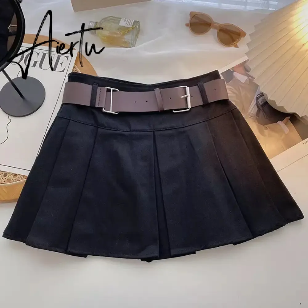 A-line Skirts with Belt Women y2k High Waist Short Skirt Buttons Skirt Female Clothing Female All-match