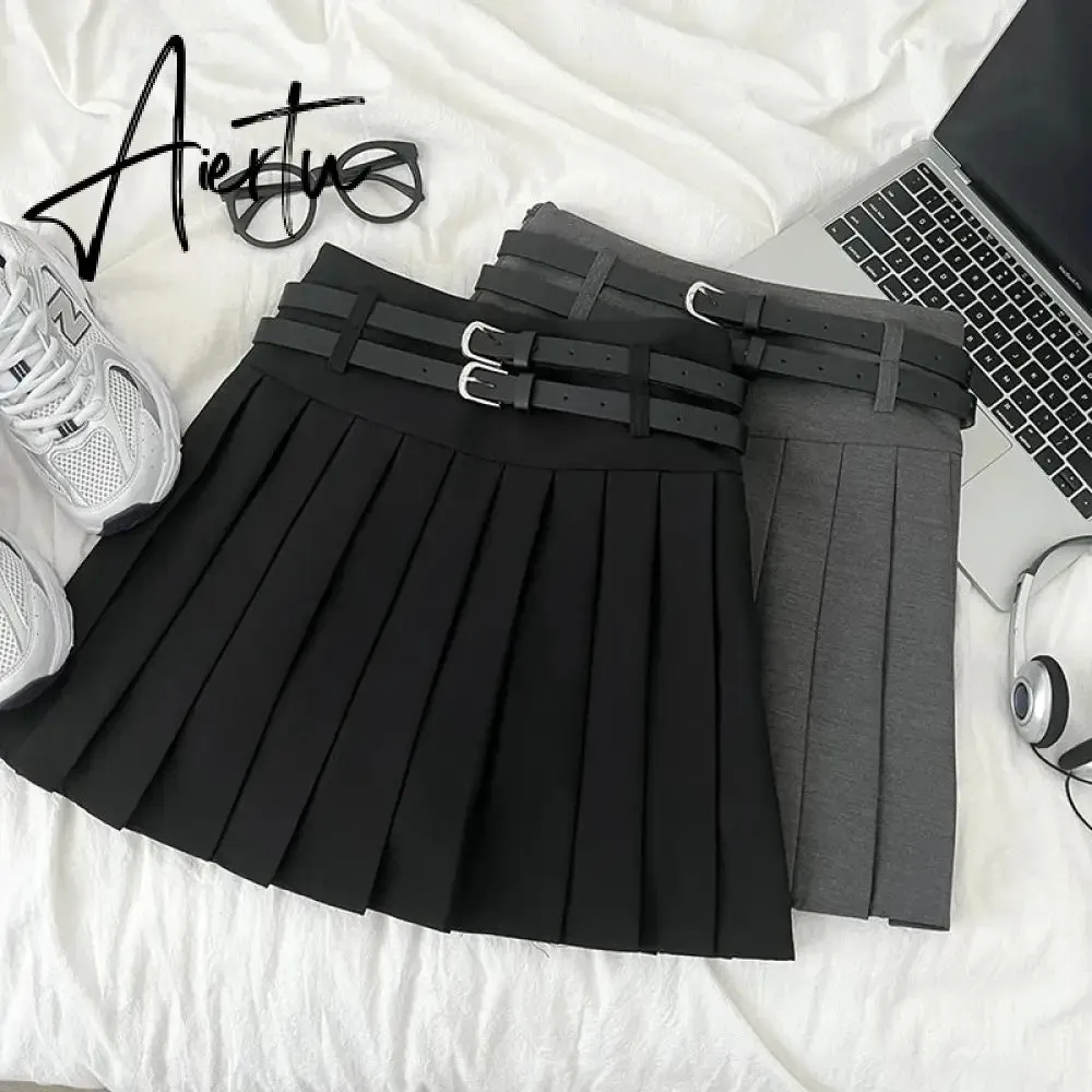 A-line Skirts with Belt Women y2k High Waist Short Skirt Buttons Skirt Female Clothing Female All-match