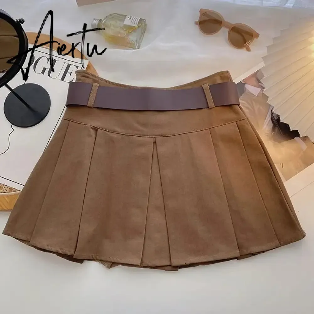 A-line Skirts with Belt Women y2k High Waist Short Skirt Buttons Skirt Female Clothing Female All-match