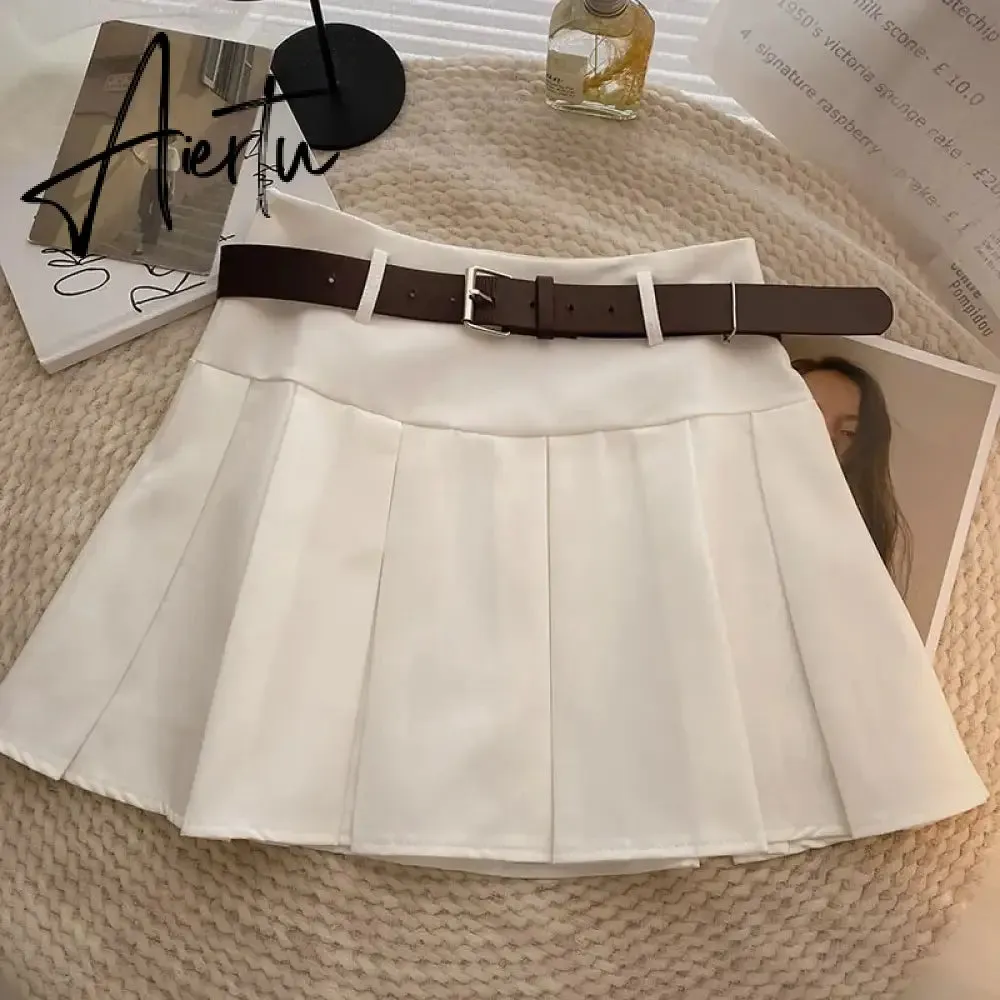 A-line Skirts with Belt Women y2k High Waist Short Skirt Buttons Skirt Female Clothing Female All-match