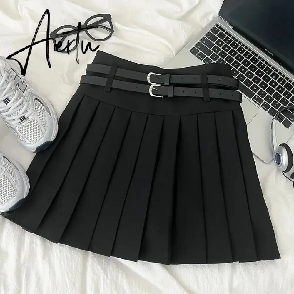 A-line Skirts with Belt Women y2k High Waist Short Skirt Buttons Skirt Female Clothing Female All-match