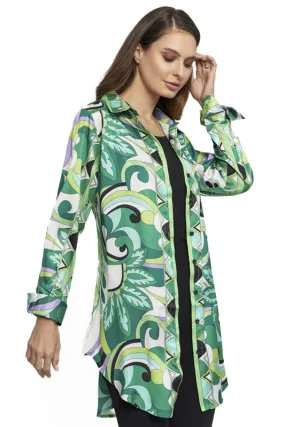 Adore Button Down Satin Print Tunic Blouse - Green Multi