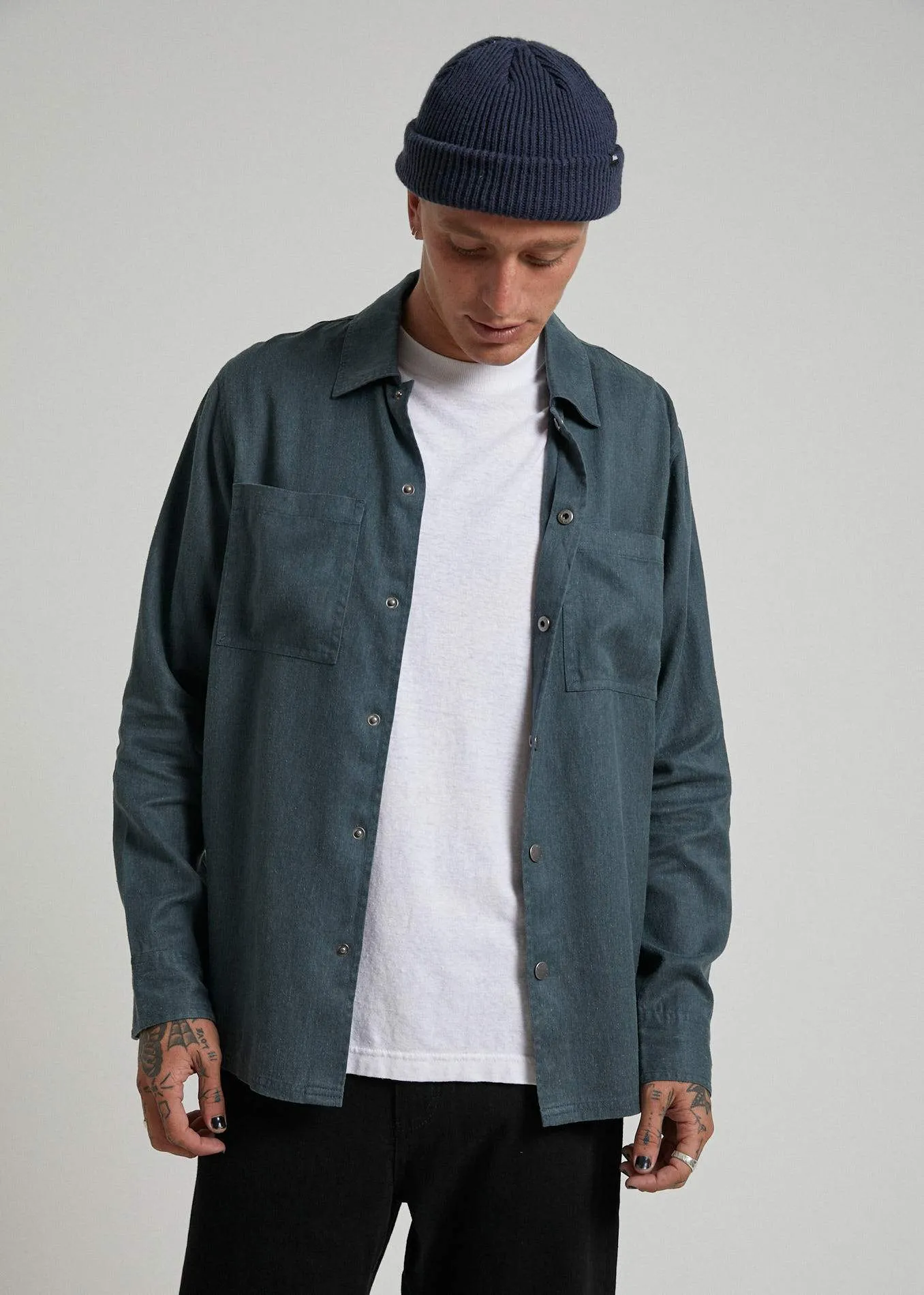 Afends Mens Late Start - Hemp Work Long Sleeve Shirt - Slate