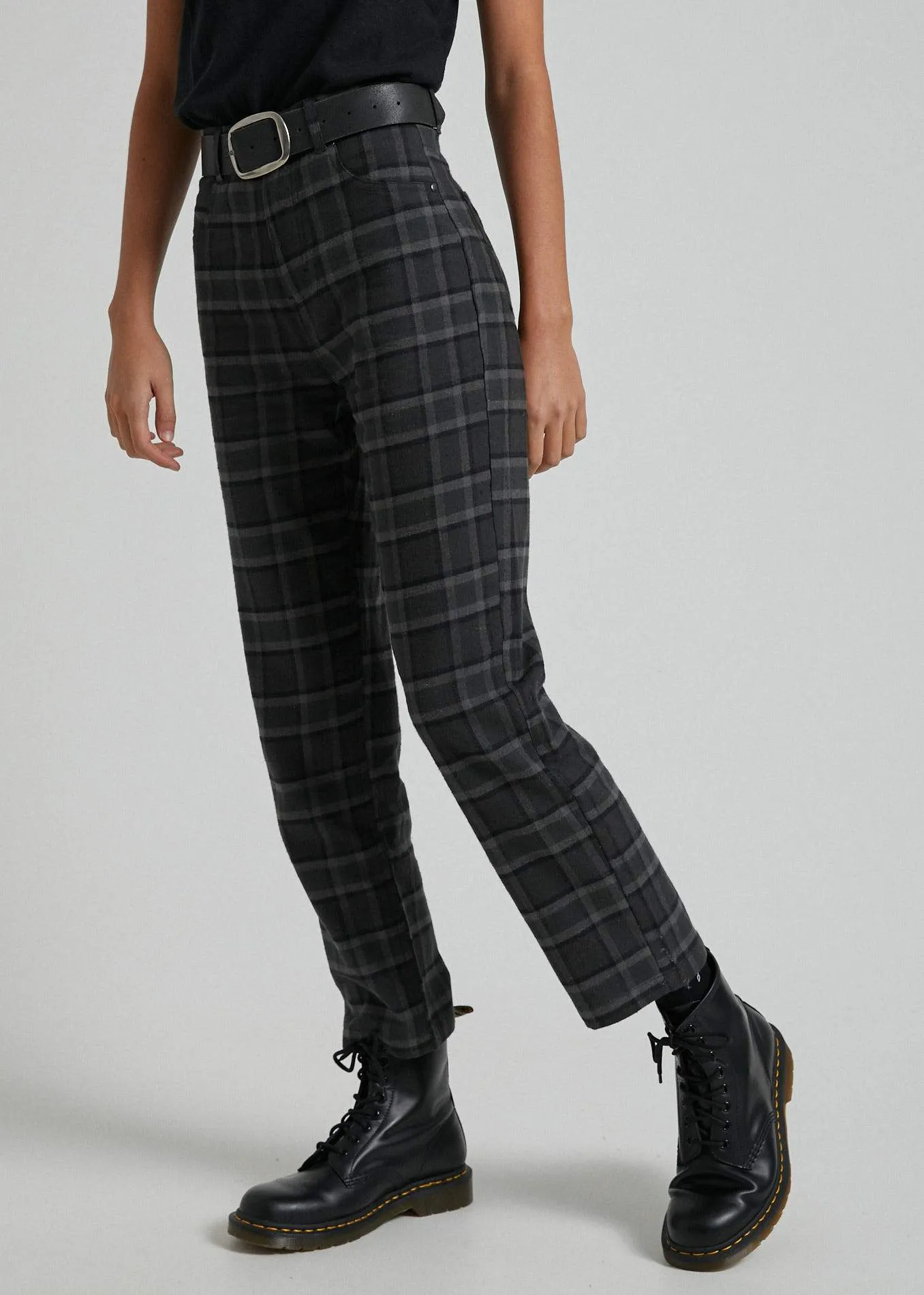 Afends Womens Shelby Alice - Hemp Check Wide Leg Pant - Gunmetal