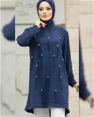 Ahlam Chic Aerobin - Knee Length Tunic in Navy Shade سترة أحلام الأنيقة الطويلة من قماش الأيروبين باللون الكحلي الجميل