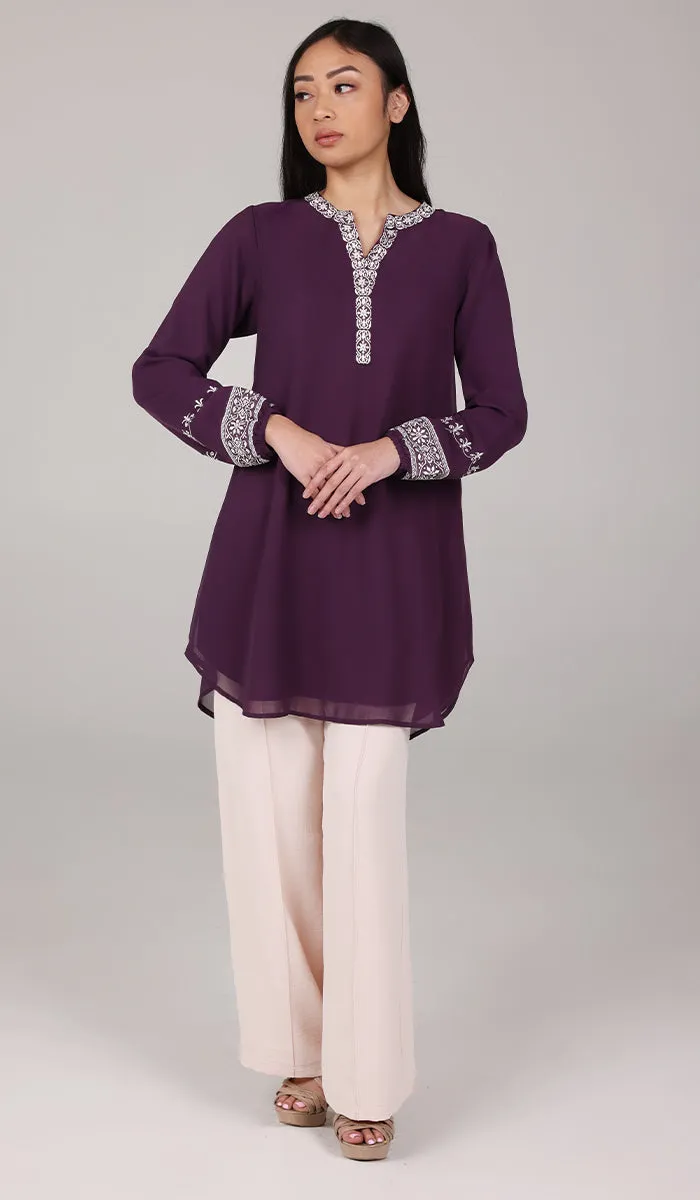 Amalie Embroidered Long Modest Tunic - Eggplant