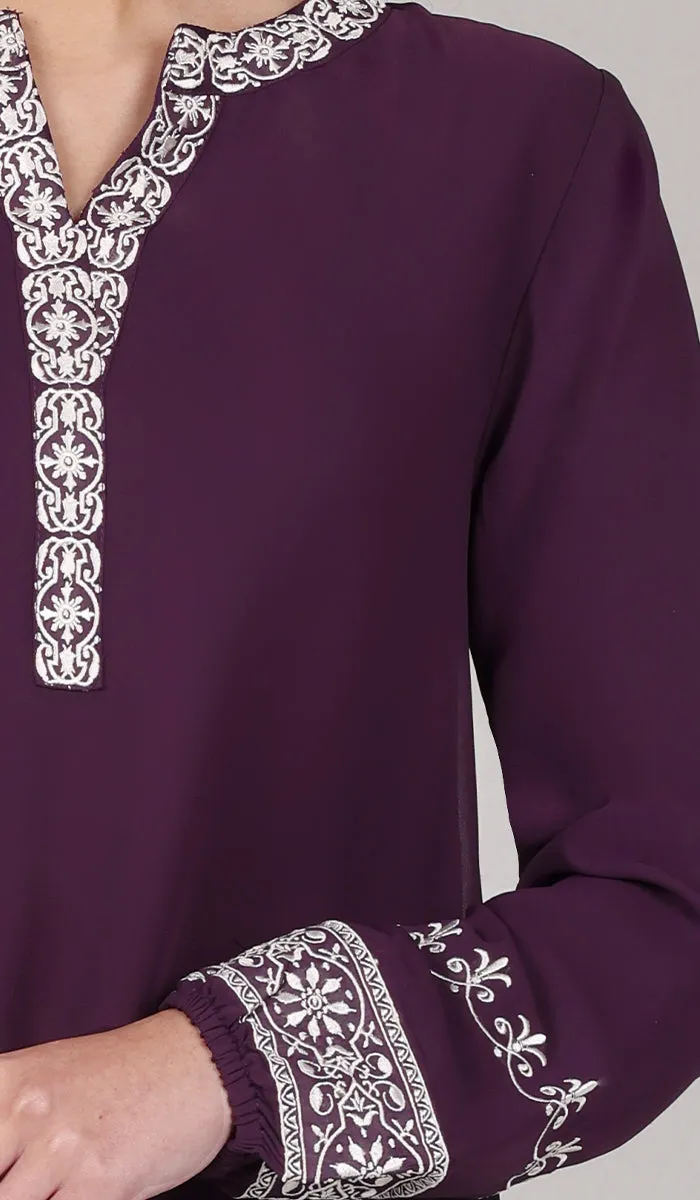 Amalie Embroidered Long Modest Tunic - Eggplant