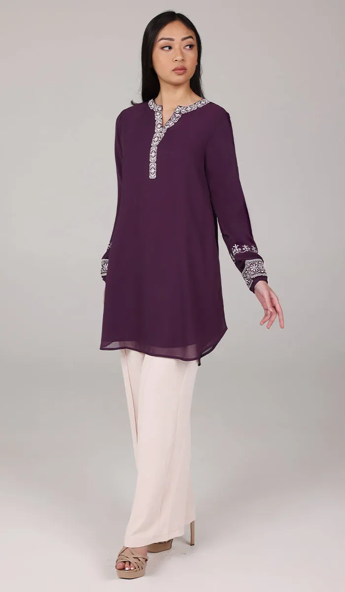 Amalie Embroidered Long Modest Tunic - Eggplant