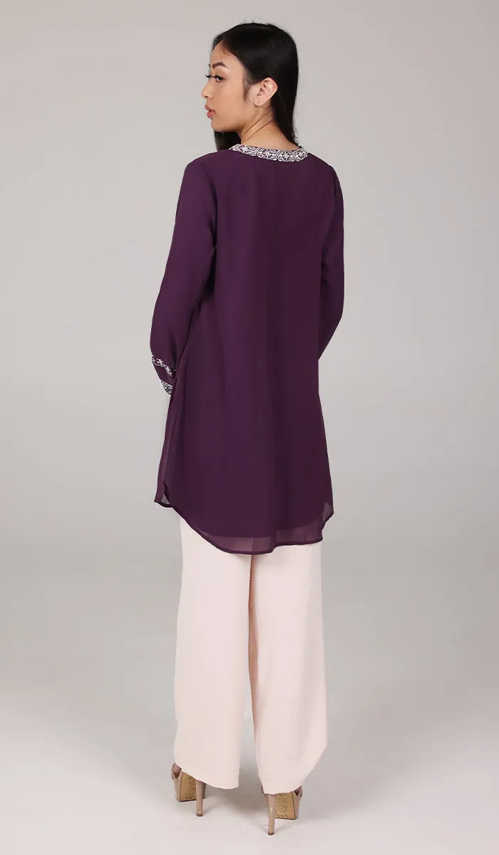 Amalie Embroidered Long Modest Tunic - Eggplant