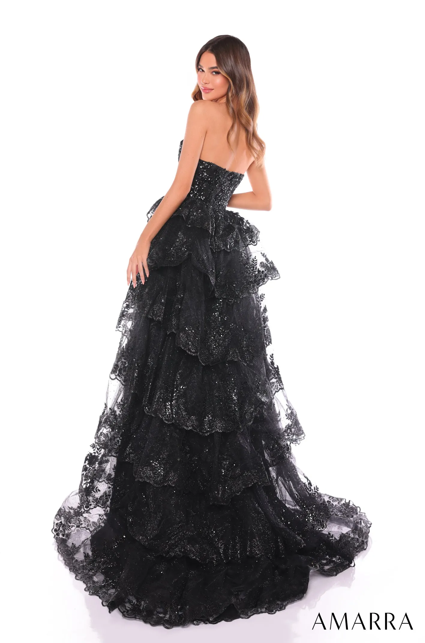 Amarra 88499 Layered Sequin Ruffle Formal Dress Lace Corset Maxi Slit Gown Sequin Pageant