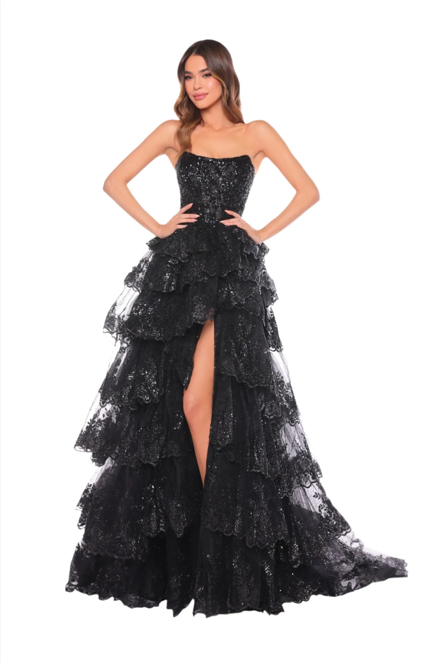 Amarra 88499 Layered Sequin Ruffle Formal Dress Lace Corset Maxi Slit Gown Sequin Pageant