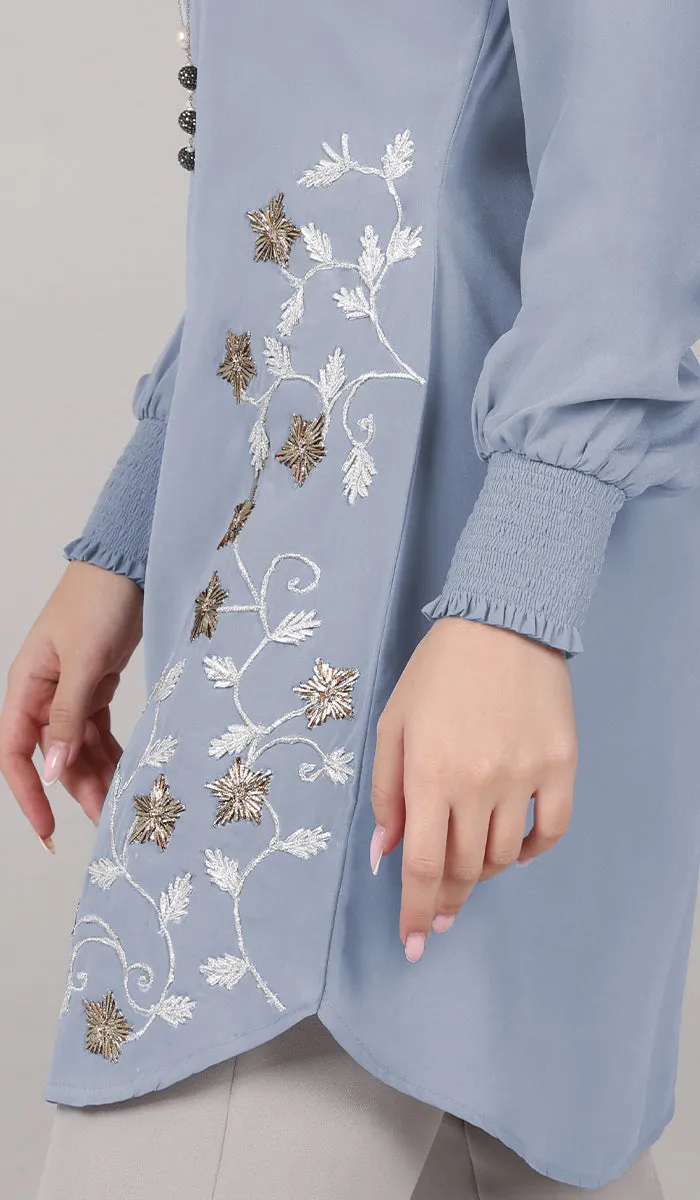 Amina Embroidered Formal Long Modest Tunic - Powder Blue