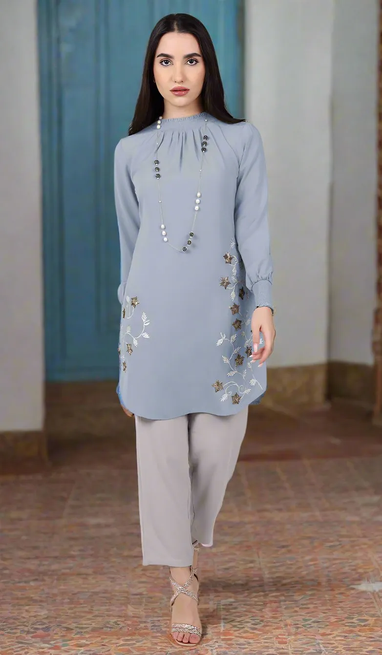 Amina Embroidered Formal Long Modest Tunic - Powder Blue