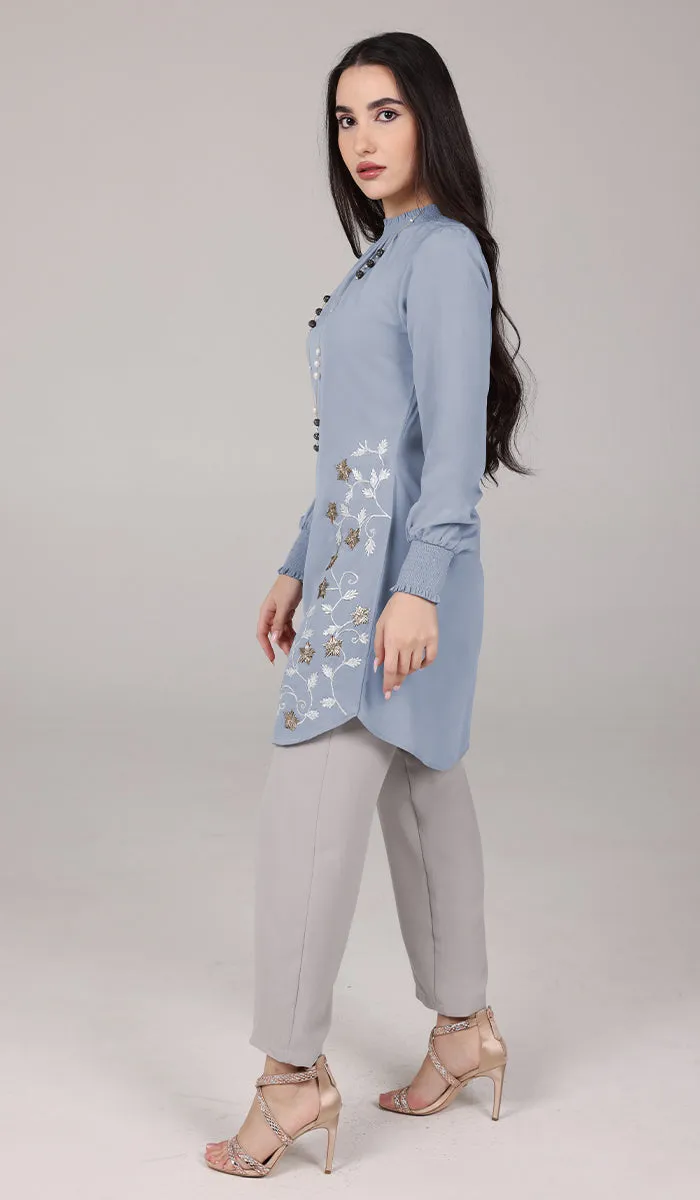 Amina Embroidered Formal Long Modest Tunic - Powder Blue