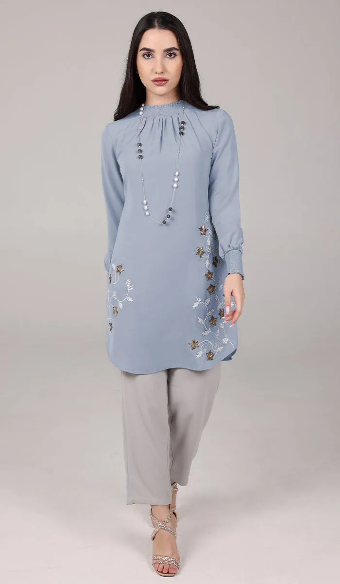 Amina Embroidered Formal Long Modest Tunic - Powder Blue