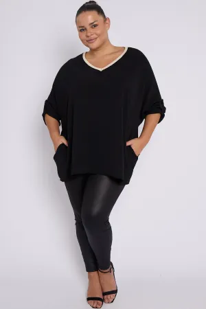 Anya PLUS SIZE Black V Neck Contrast Trim 3/4 Turn Sleeves Top With Pockets