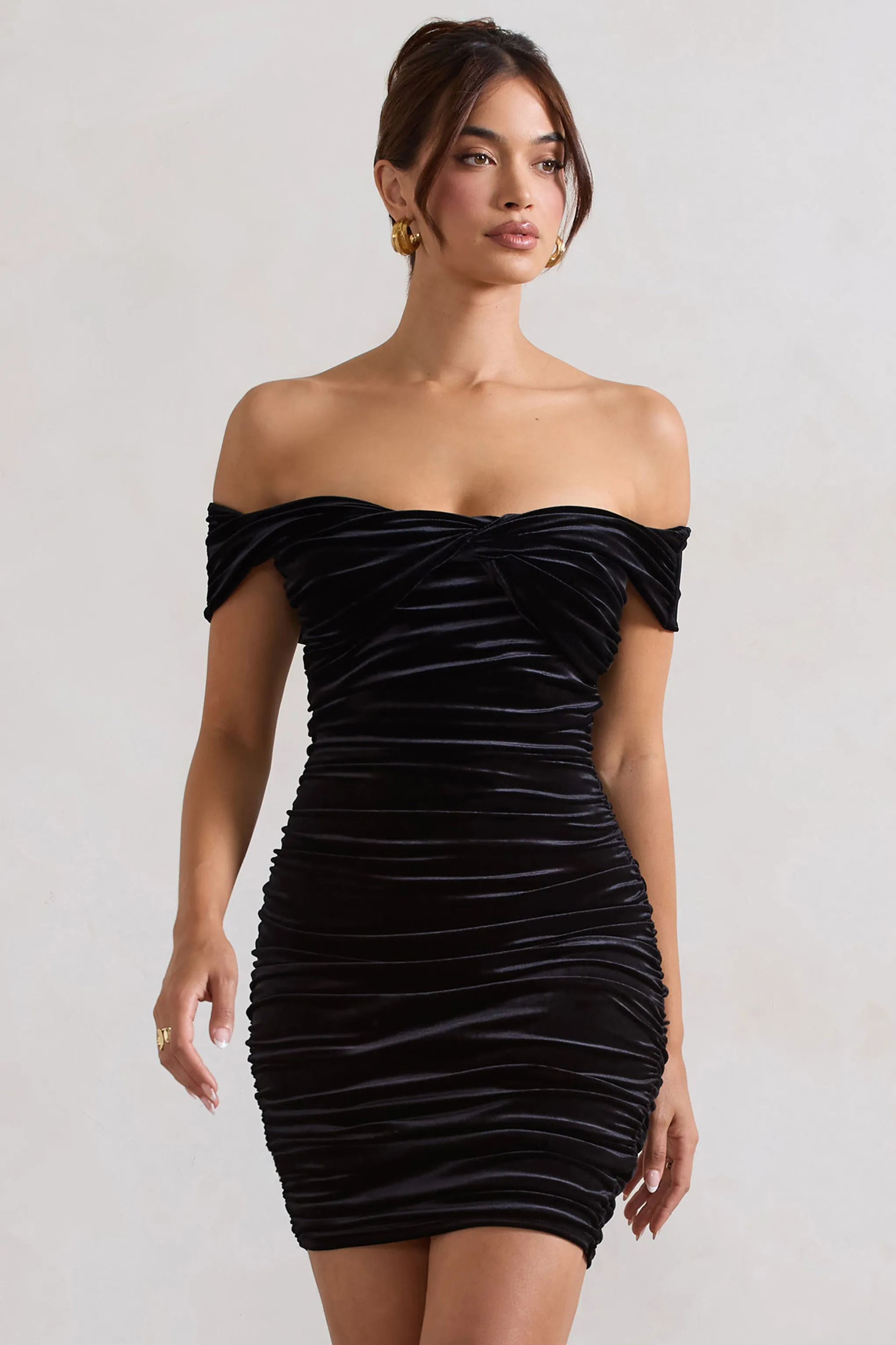 Appreciate | Black Velvet Twisted Bardot Ruched Mini Dress