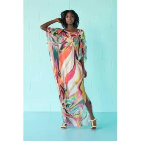 Artistic Colorful Floral Print Chiffon Beach Kaftan Smock