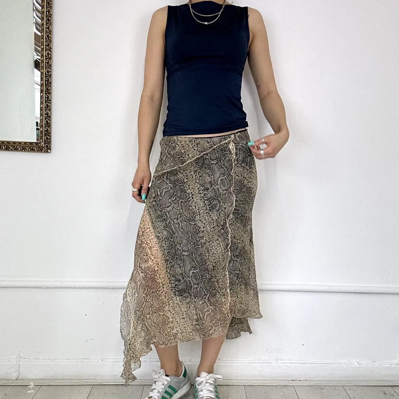 asymmetric mesh midi skirt