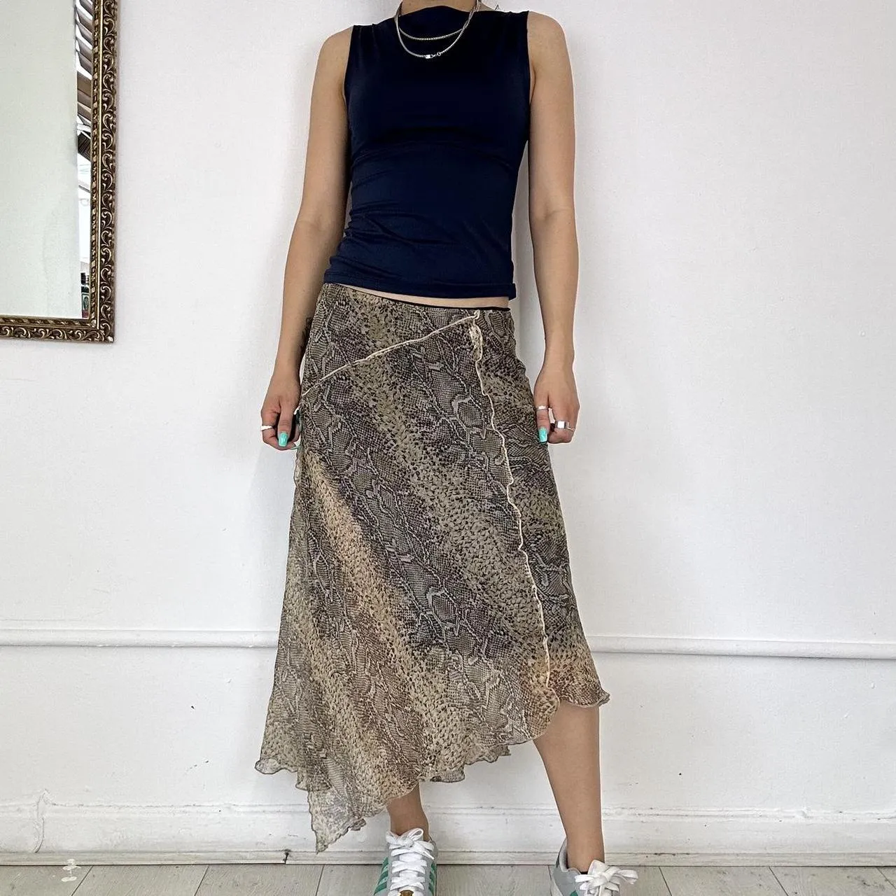 asymmetric mesh midi skirt