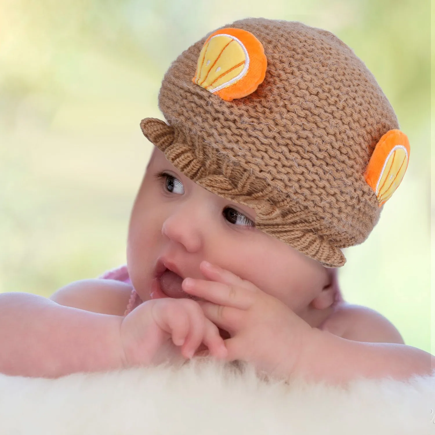 Baby Moo 3D Orange Ear With Tie Knot For Ear Cover Knitted Woolen Cap - Brown