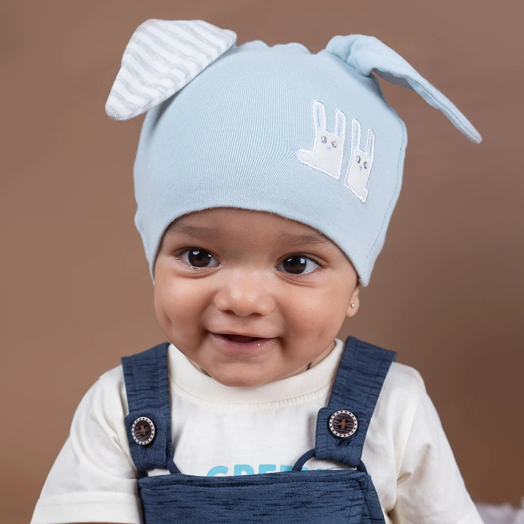 Baby Moo Big Bunny Ears All Season Stretchable Hosiery Warm 3D Beanie Cap - Blue