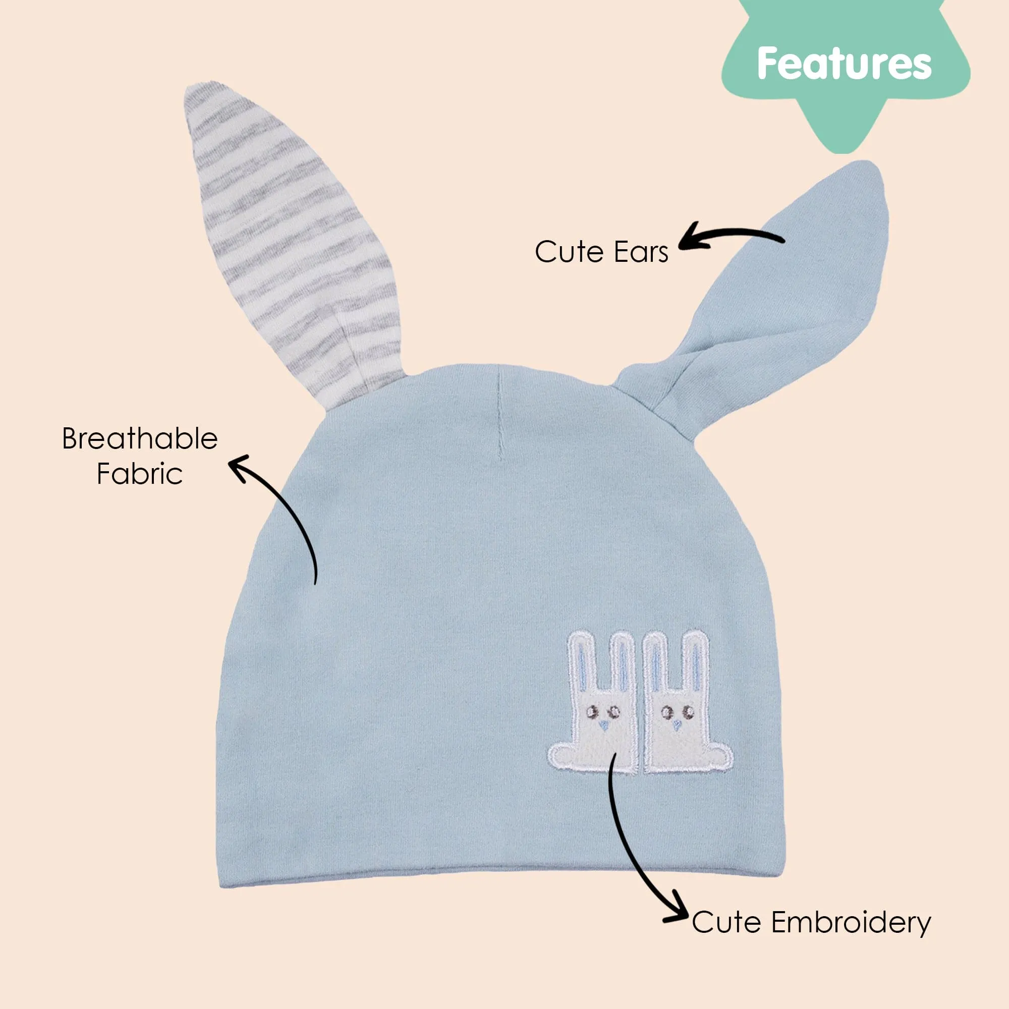 Baby Moo Big Bunny Ears All Season Stretchable Hosiery Warm 3D Beanie Cap - Blue