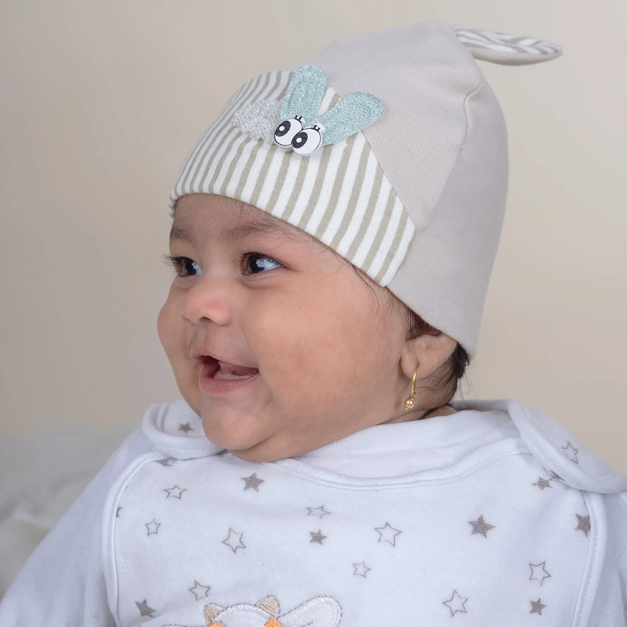 Baby Moo Busy Bee All Season Stretchable Hosiery Warm 3D Beanie Cap - Grey