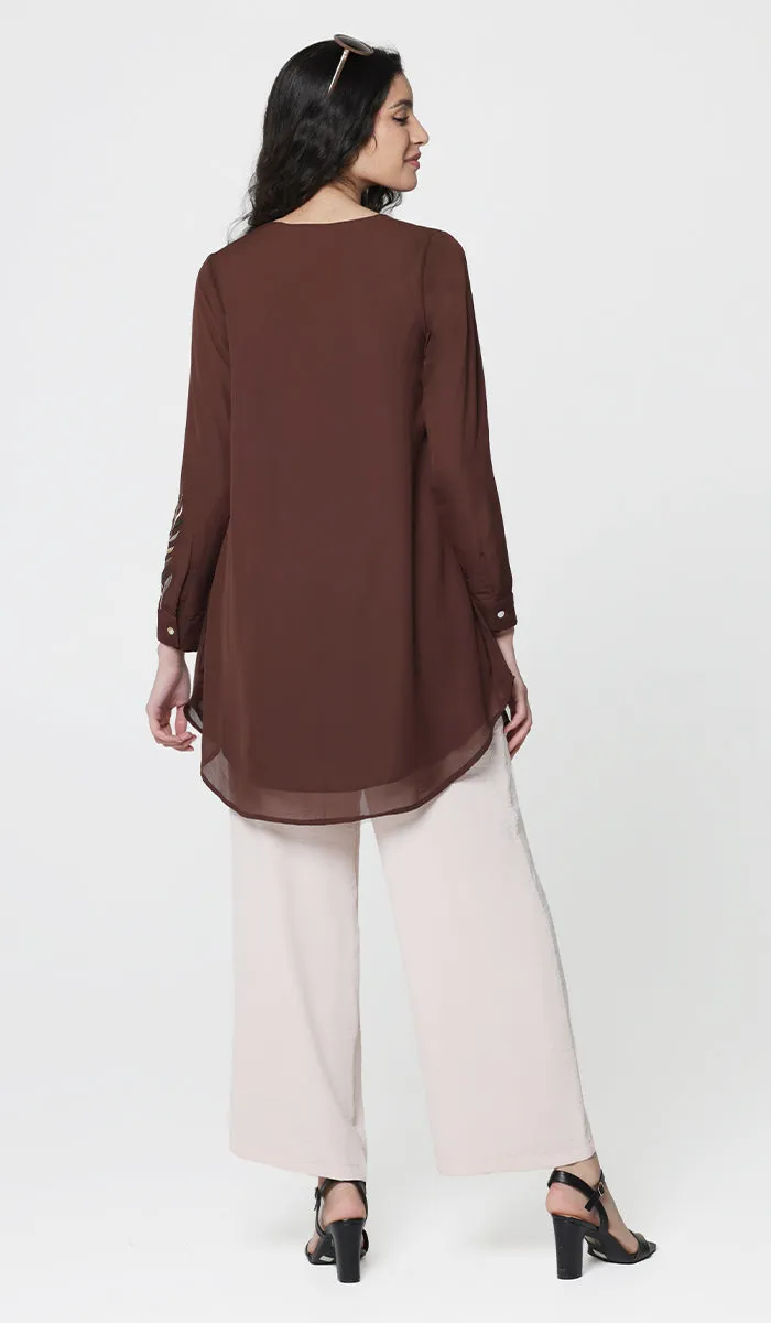 Baraka Gold Embroidered Formal Long Modest Tunic - Cocoa