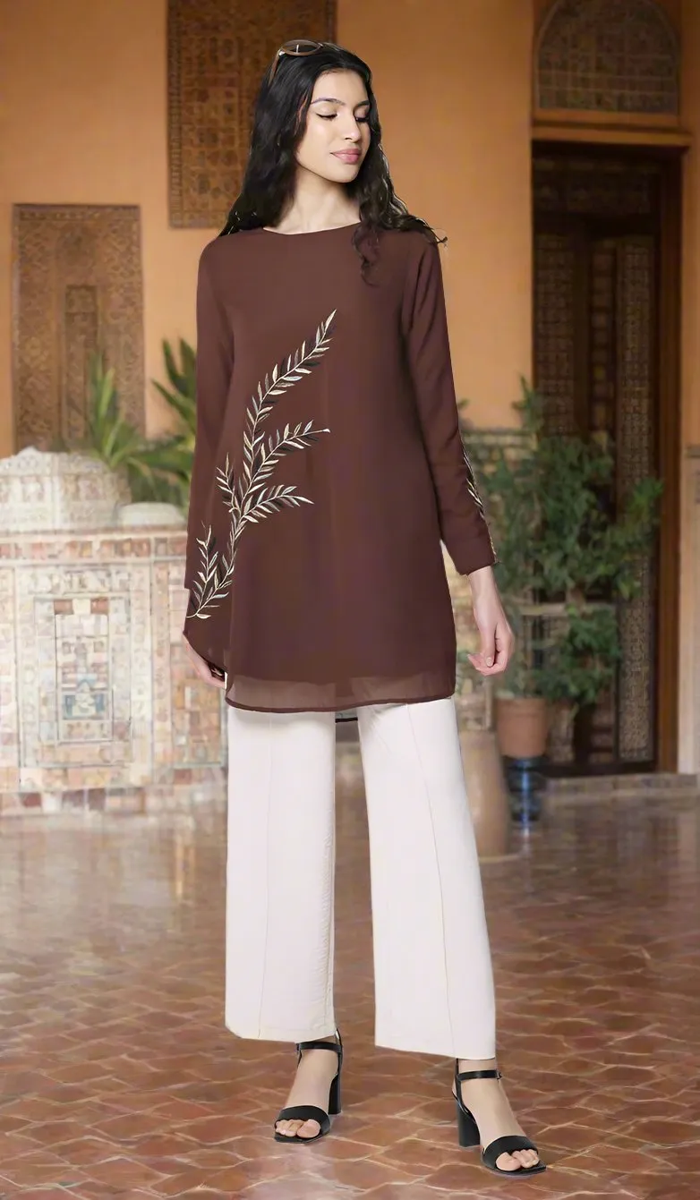 Baraka Gold Embroidered Formal Long Modest Tunic - Cocoa