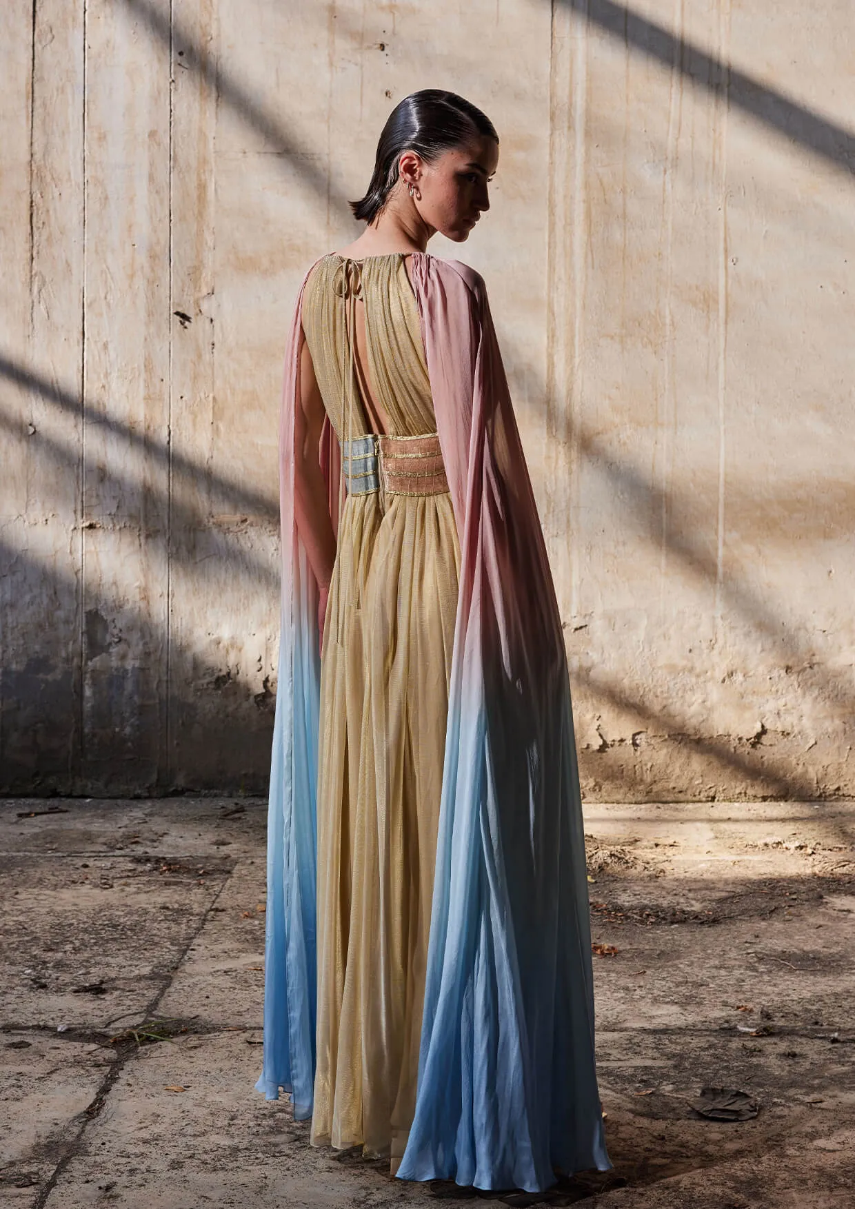 Belted Cape-Sleeves Tulle Maxi Kaftan Dress