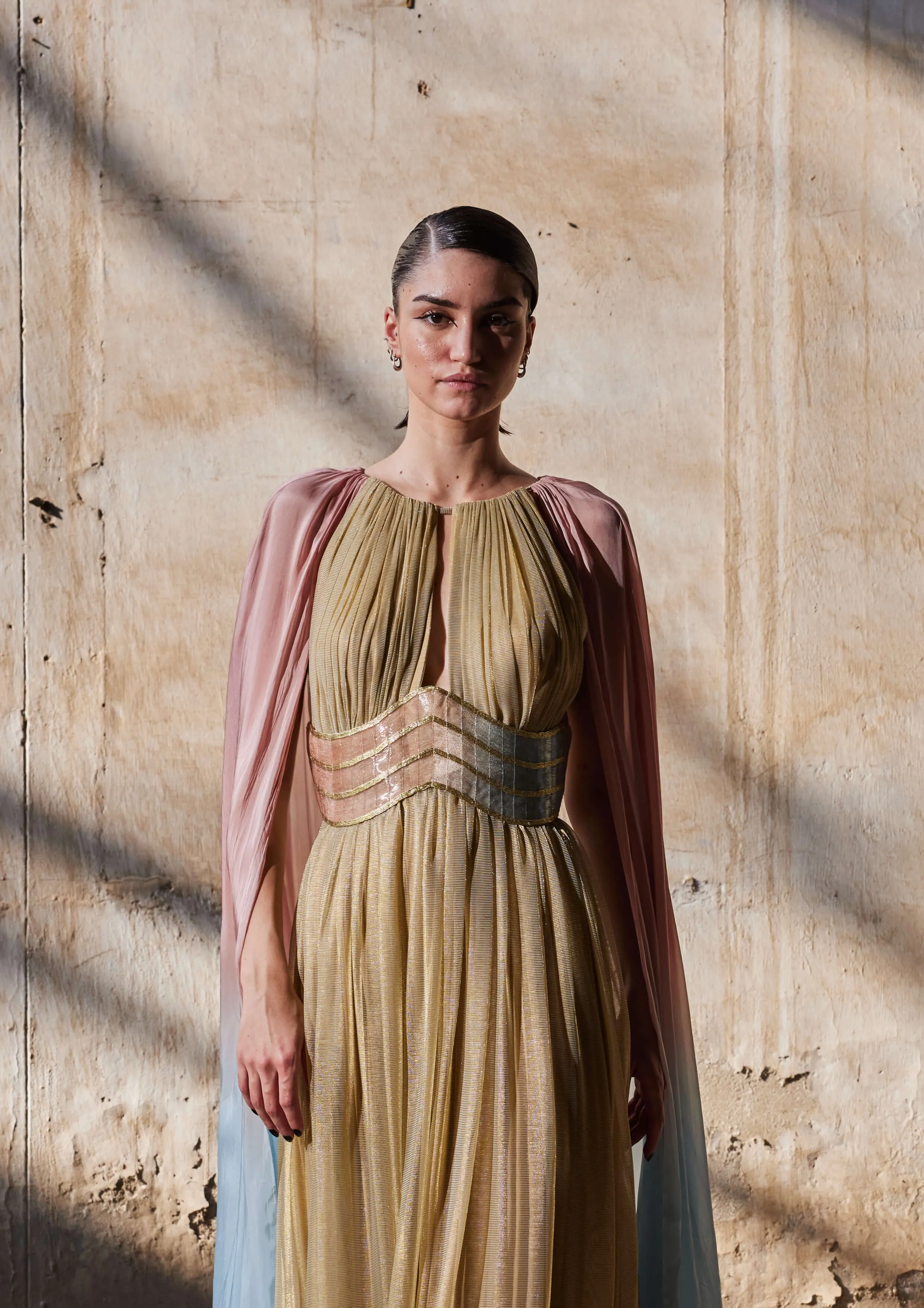 Belted Cape-Sleeves Tulle Maxi Kaftan Dress