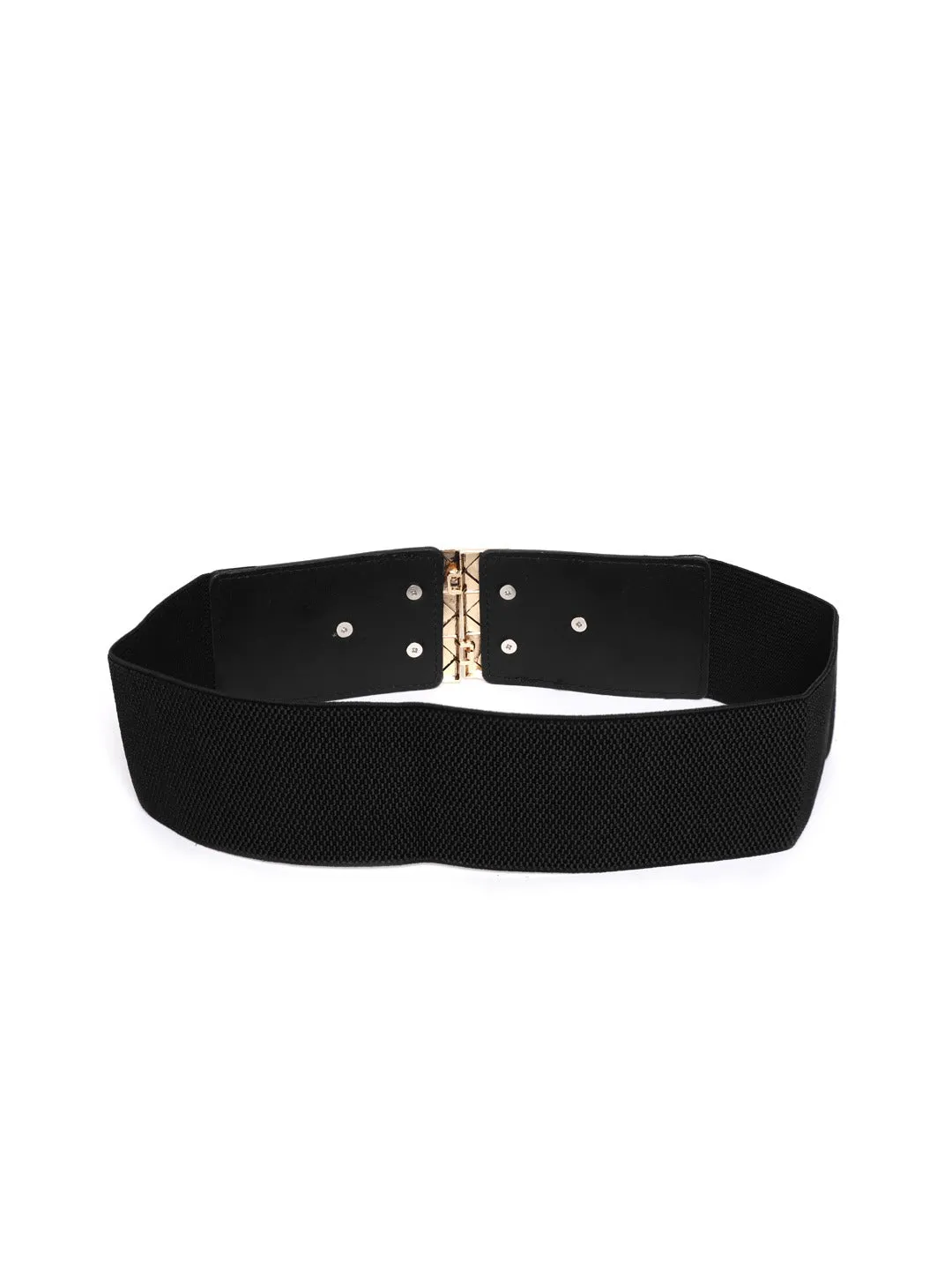 Berrylush Women Black Elastic Strap Golden Concho Buckle Belt