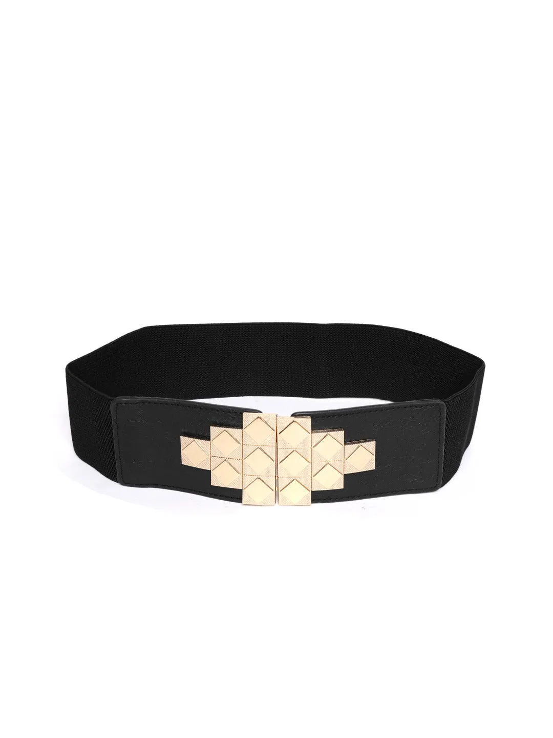 Berrylush Women Black Elastic Strap Golden Concho Buckle Belt