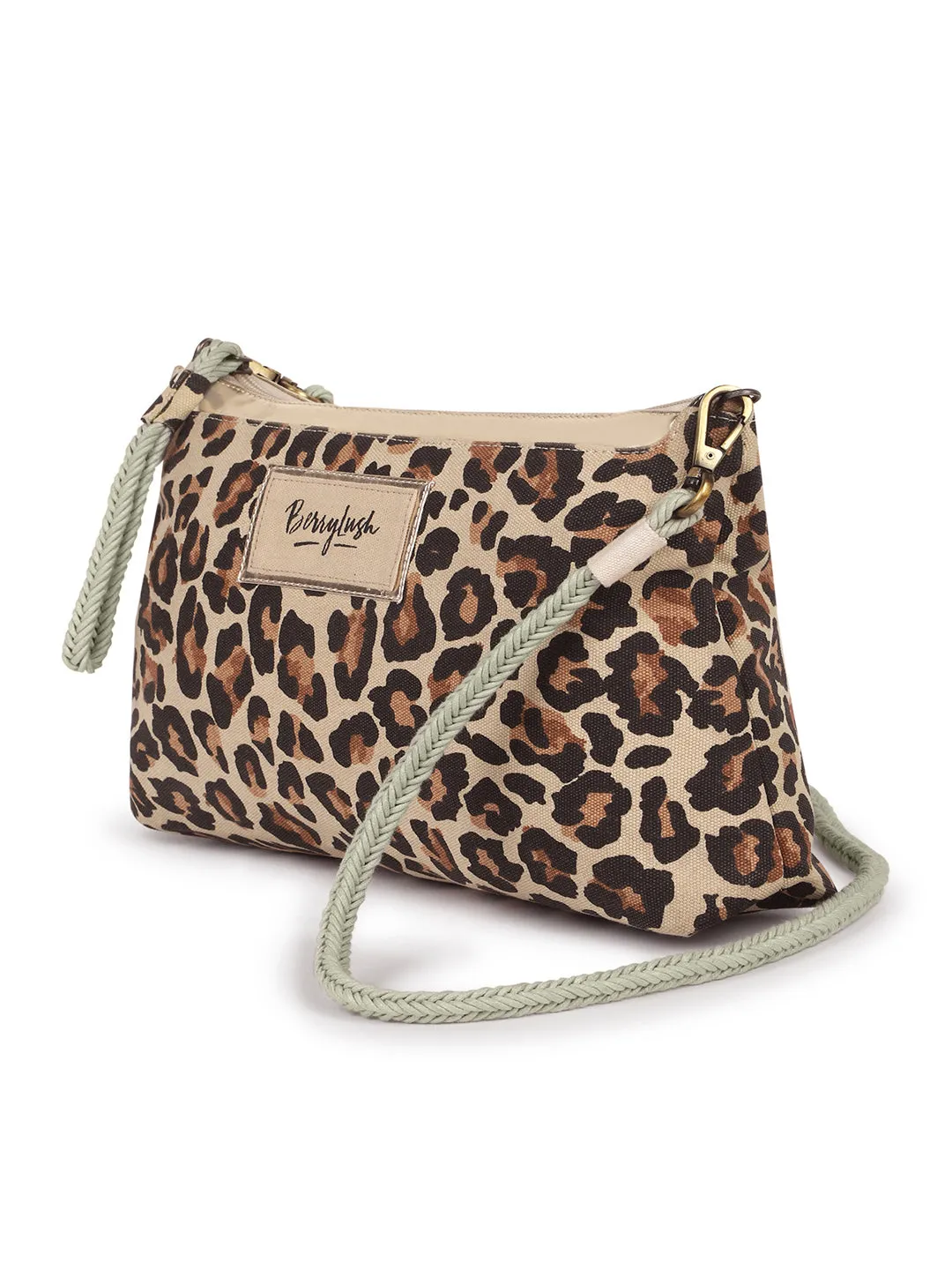 Berrylush Women Brown Leopard Printed Canvas Detachable Sling Strap Small Clutch/Sling Bag