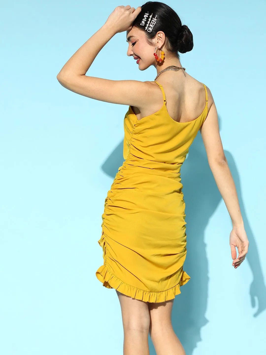 Berrylush Women Solid Mustard Yellow V-Neck Sleeveless Tulip Hem Ruffled & Ruched A-Line Mini Dress