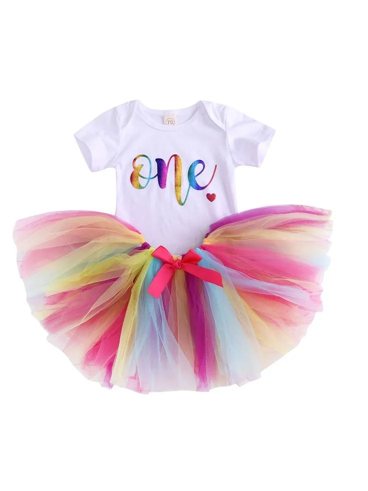 Birthday Outfit Romper with Rainbow/ Unicorn Tutu #1000950